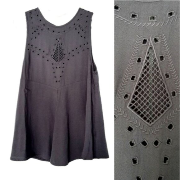 GENTLE FAWN Boho Tonal Embroidered Crewneck Tank Top Gray Sz S - Picture 1 of 15